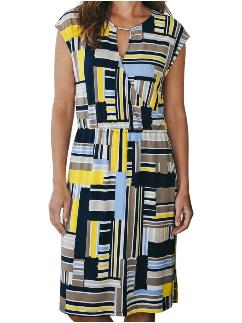JONES NY Blue Yellow Taupe Short Sleeve Elastic Waist Pull On Dress -Size Medium